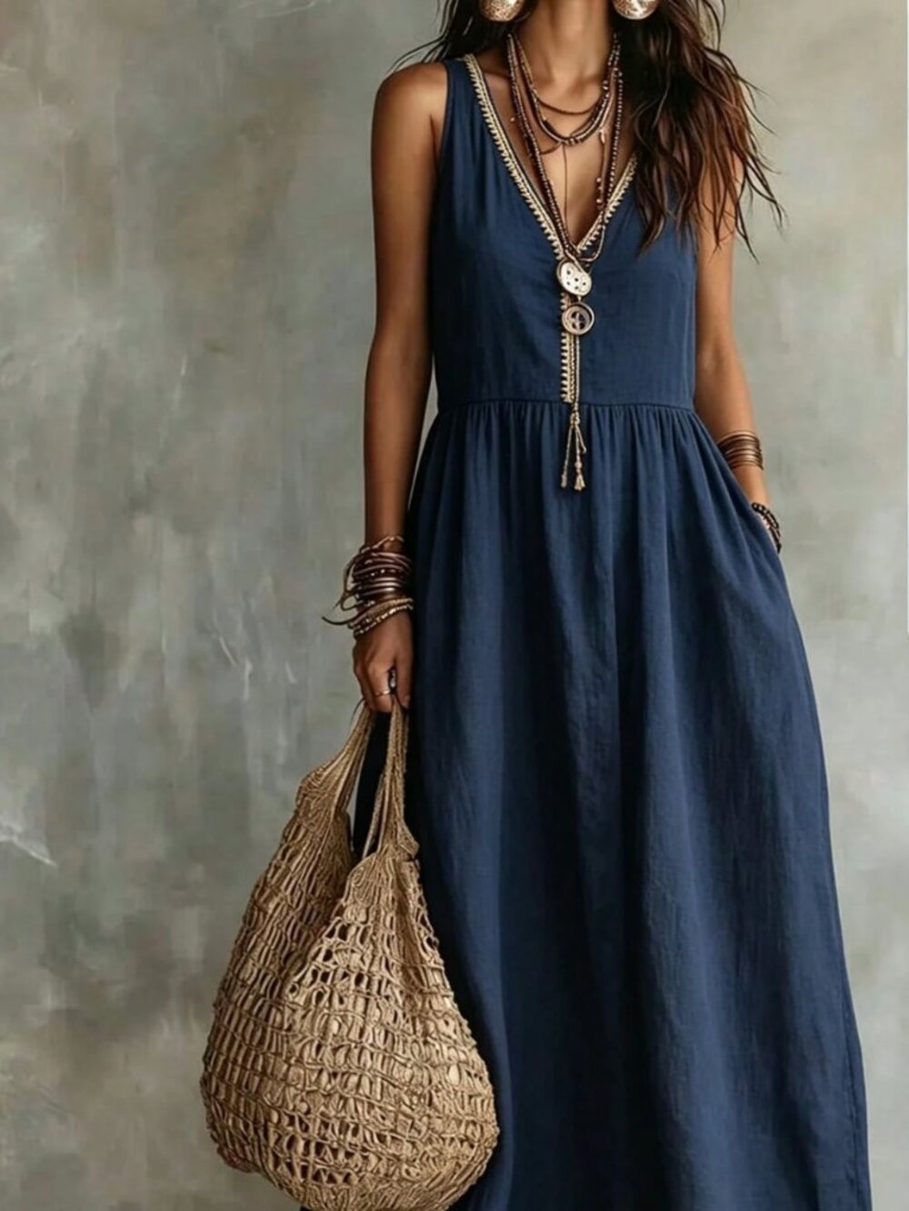 Boho Chic Cotton Sleeveless Maxi Dress with Embroidery And Pockets - Picture 2 of 9